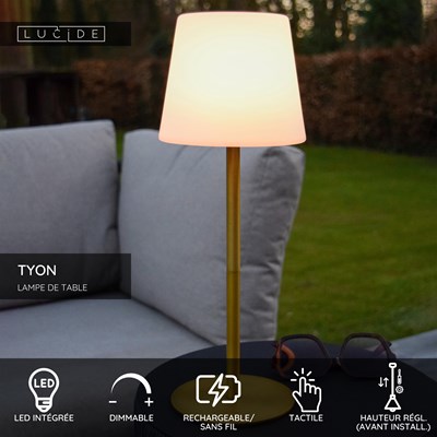 Lucide TYON - Lampe de table Rechargeable Intérieur/Extérieur - Batterie/Piles - Ø 15 cm - LED Dim. - 1x2W 2700K - IP65 - Or Mat / Laiton